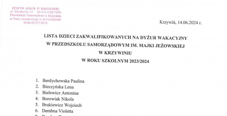Lista dzieci zakwalifikowanych na dyżur wakacyjny w przedszkolu w Krzywiniu