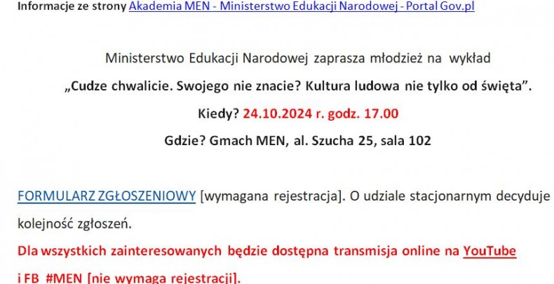 Ministerstwo Edukacji Narodowej zaprasza młodzież na  wykład